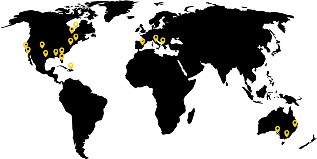 Map showing conferences where the Schreiner group has presented research posters including all over the USA, Spain, Italy, Greece, and Australia.